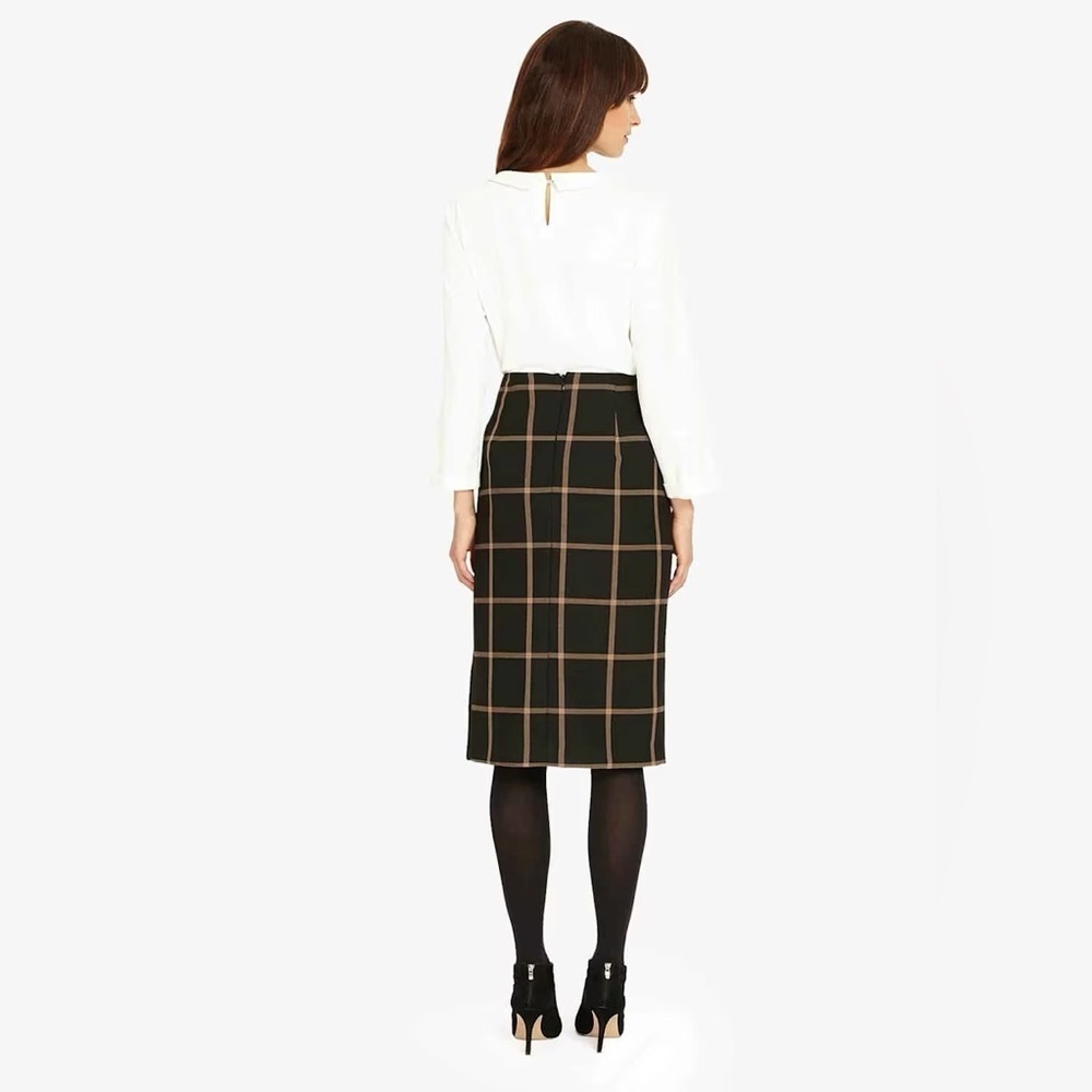 NWT Halogen Midi Skirt Window Pane Black Caramel Brown Stretch Size XS fits S‌‌
